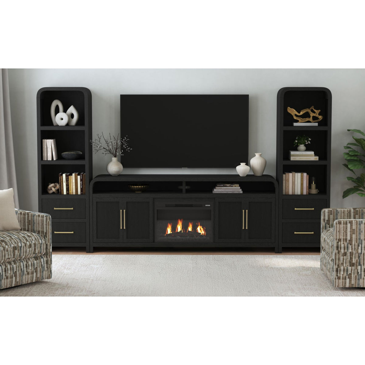 Ridgemont 4PC Entertainment Unit with 82" TV Console in Black with Grain
