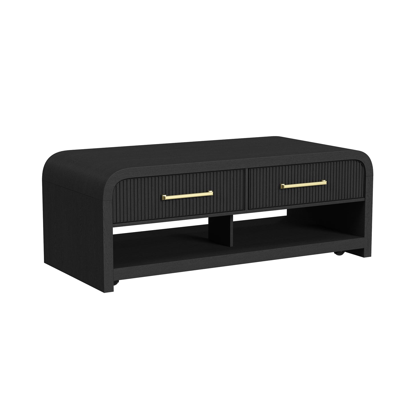 Ridgemont Coffee Table with Casters/Push Through Drawer in Black with Grain