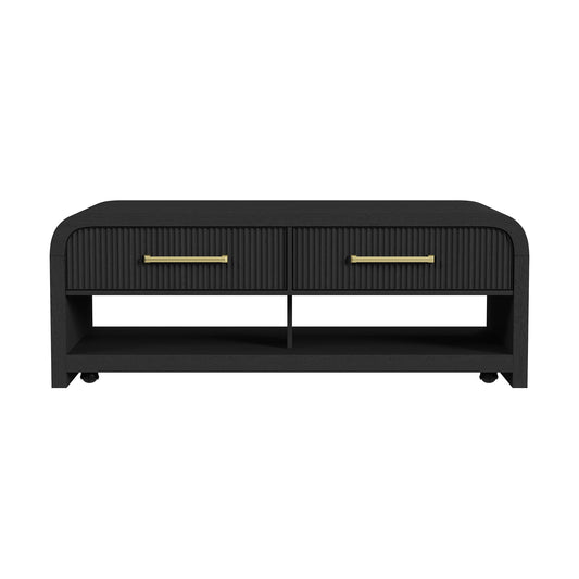 Ridgemont Coffee Table with Casters/Push Through Drawer in Black with Grain