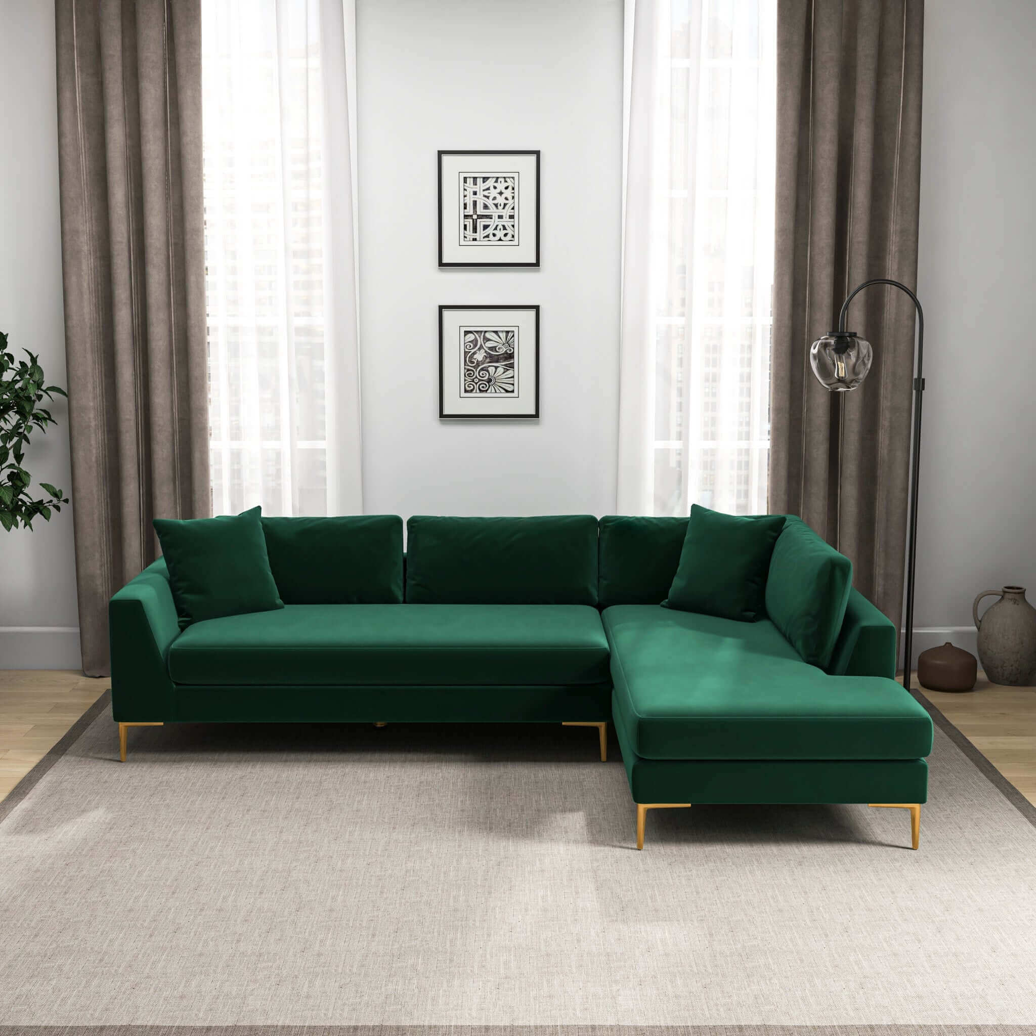 Sofá seccional Mano en forma de L de terciopelo verde, con vista a la derecha