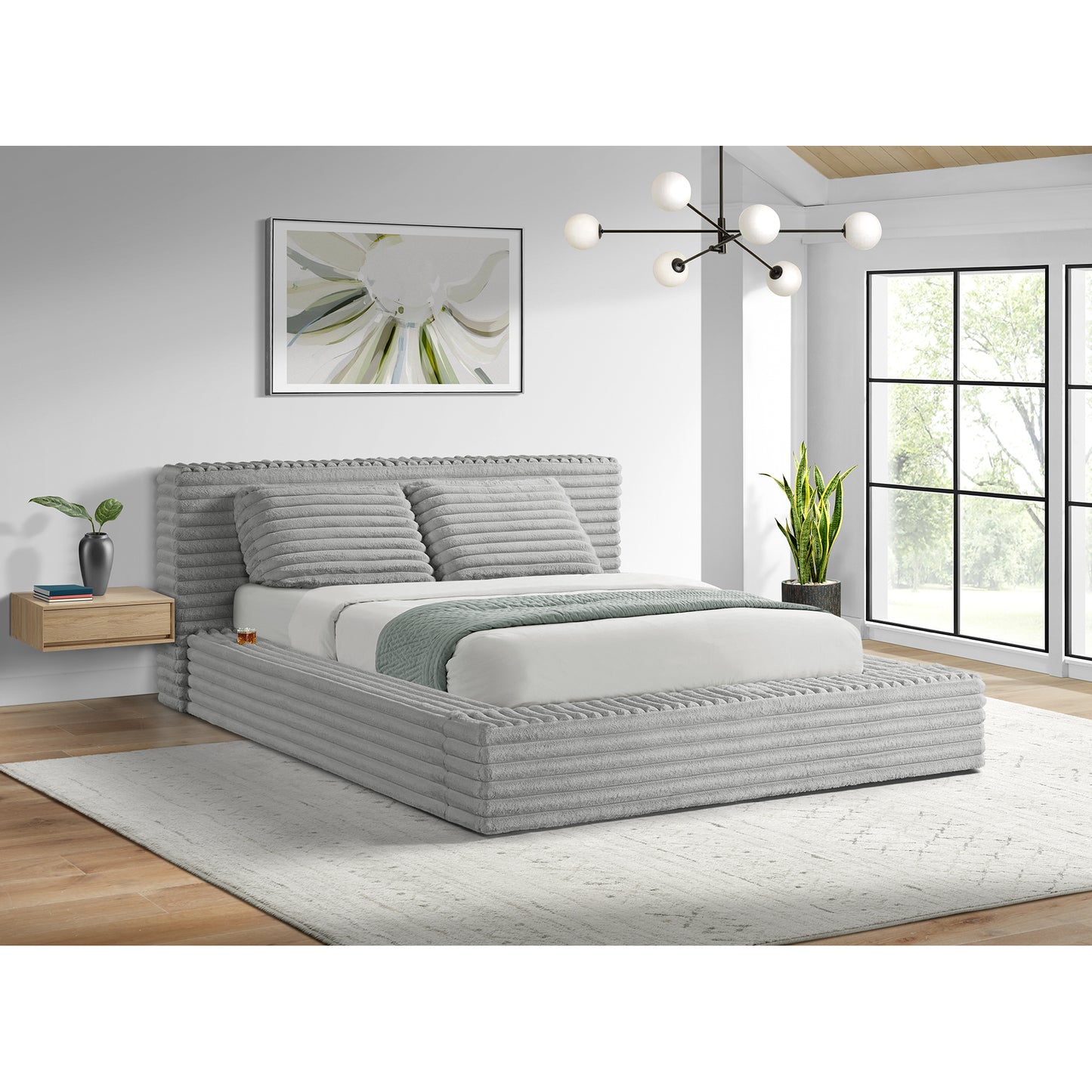 Rosebery Upholstered Bed with 2 Pillows in Light Grey Corduroy