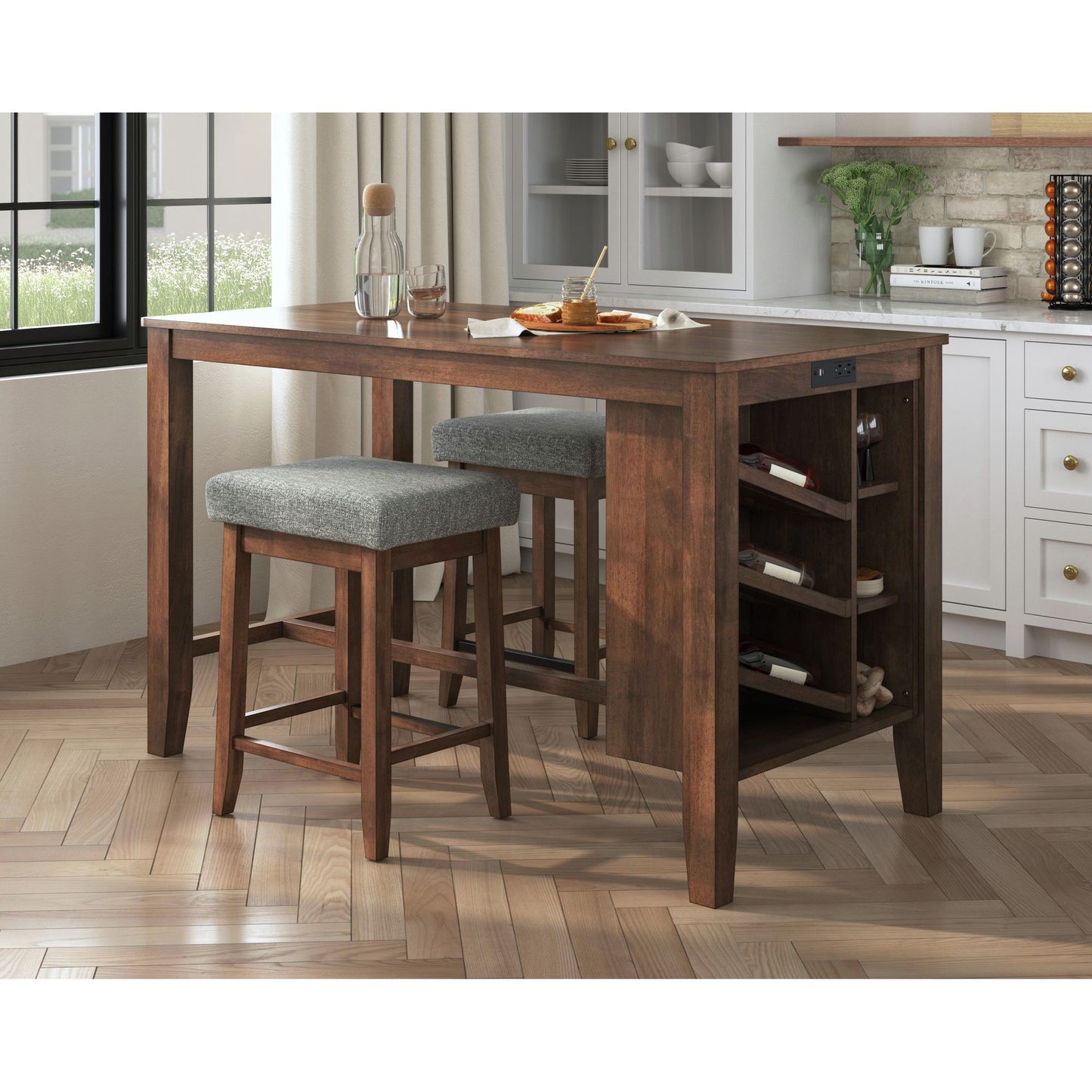 Santa Barbara Kitchen Island & 2 Counter Stools with Dark Grey Fabric in Walnut