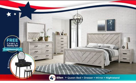 Ellen Queen Panel 4PC Bedroom Set in White + Free Vanity Set
