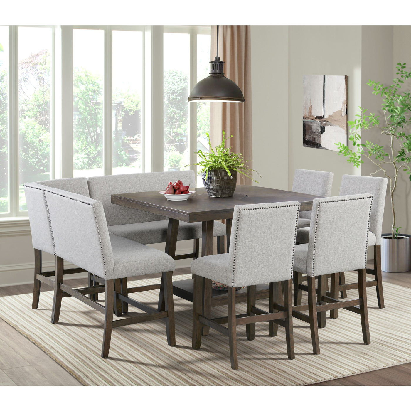 Seneca Counter Bench with Upholstered Back and Grey Fabric in Brown