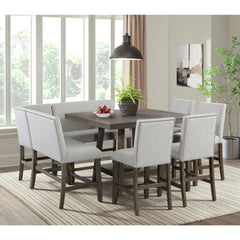 Seneca Counter Bench with Upholstered Back and Grey Fabric in Brown