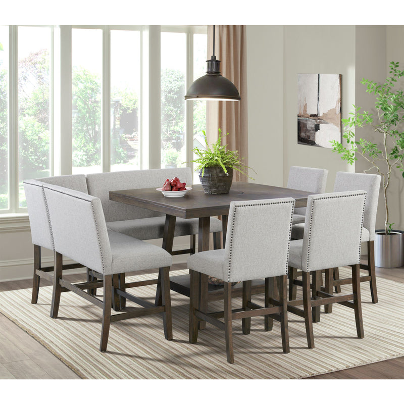Seneca Counter Bench with Upholstered Back and Grey Fabric in Brown