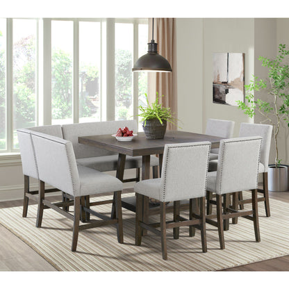 Seneca Counter Corner Bench with Upholstered Back and Grey Fabric in Brown