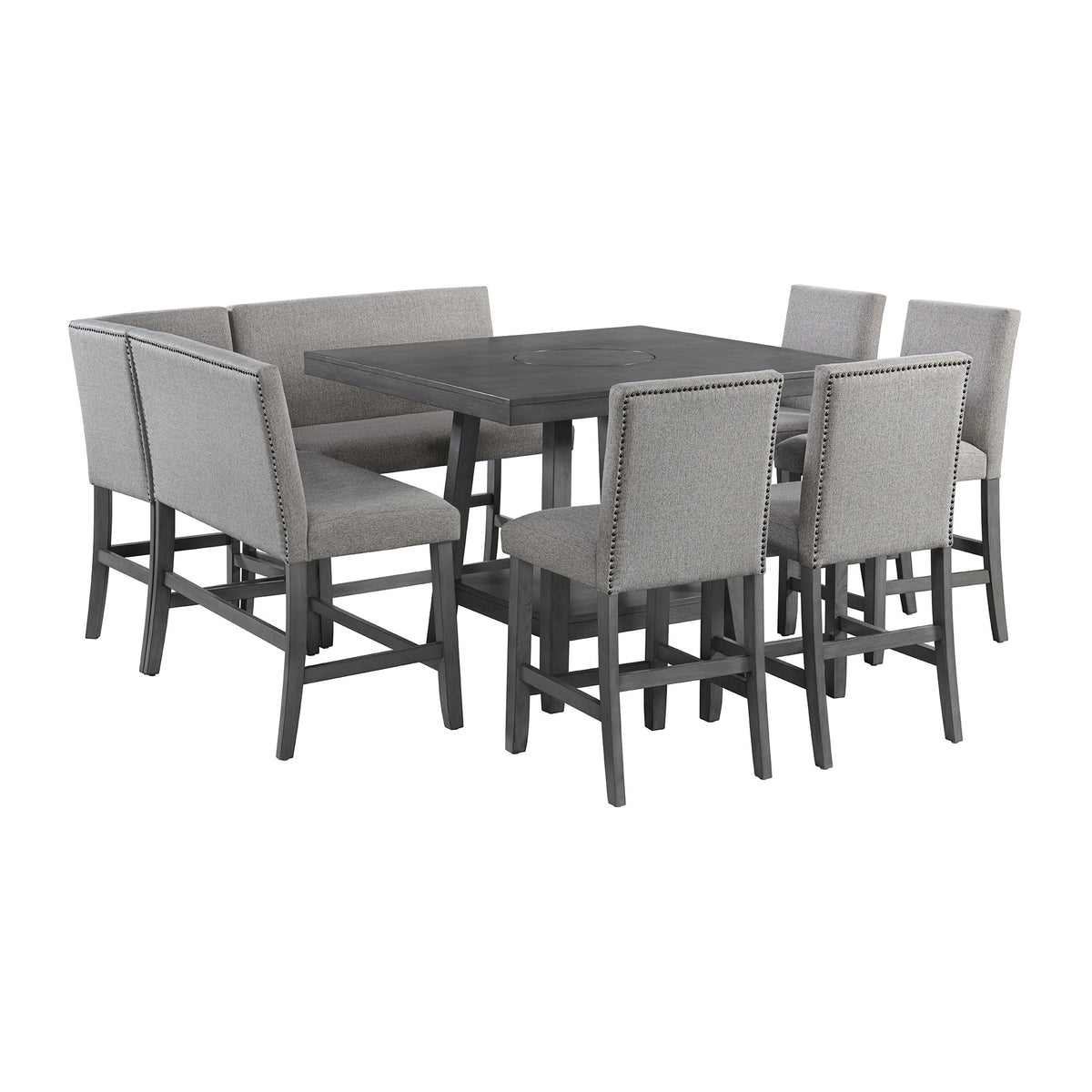 Seneca 8PC Counter Height Dining Set in Grey-Table, Four Chairs and Complete Bench