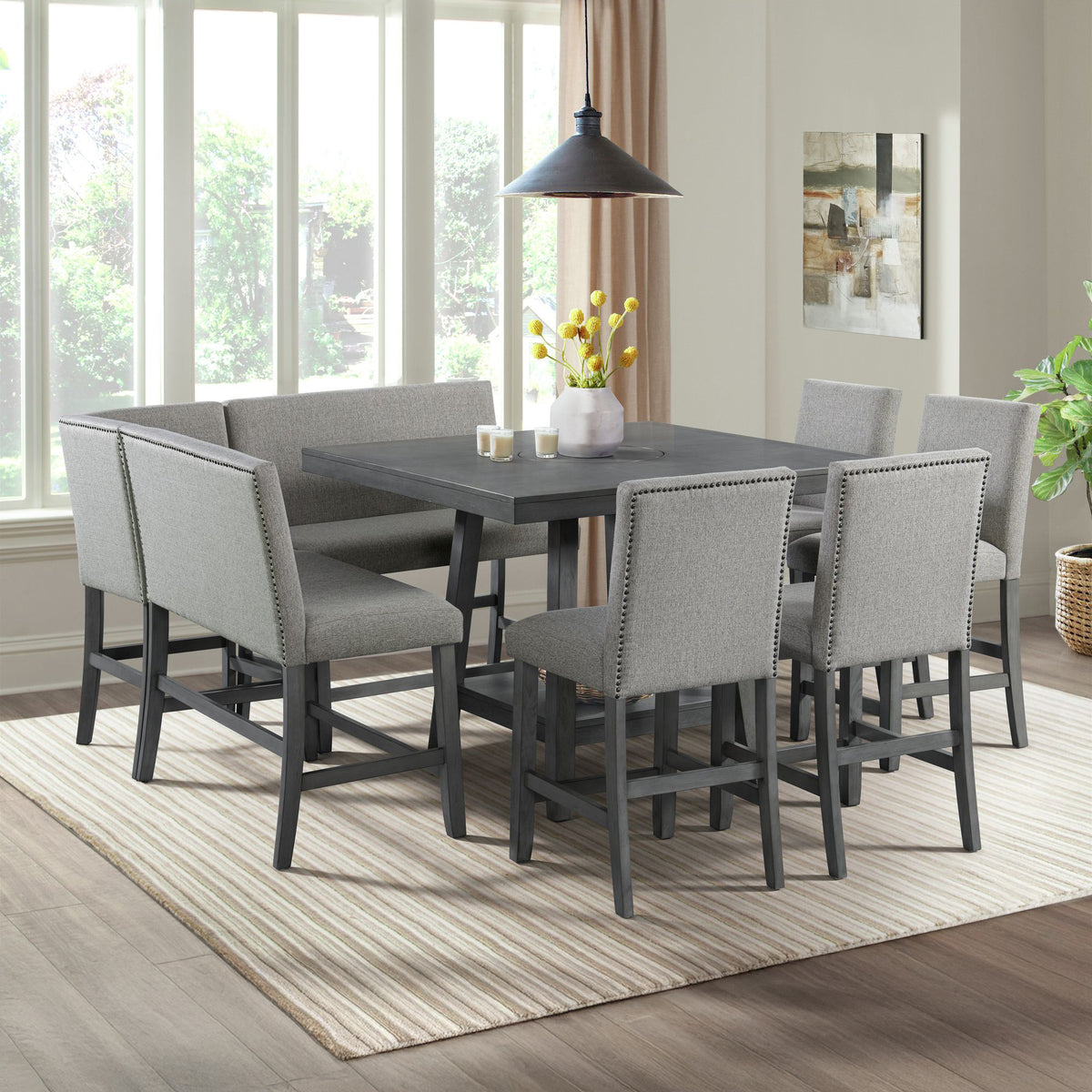 Seneca 8PC Counter Height Dining Set in Grey-Table, Four Chairs and Complete Bench