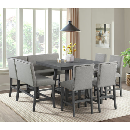 Seneca 8PC Counter Height Dining Set in Grey-Table, Four Chairs and Complete Bench