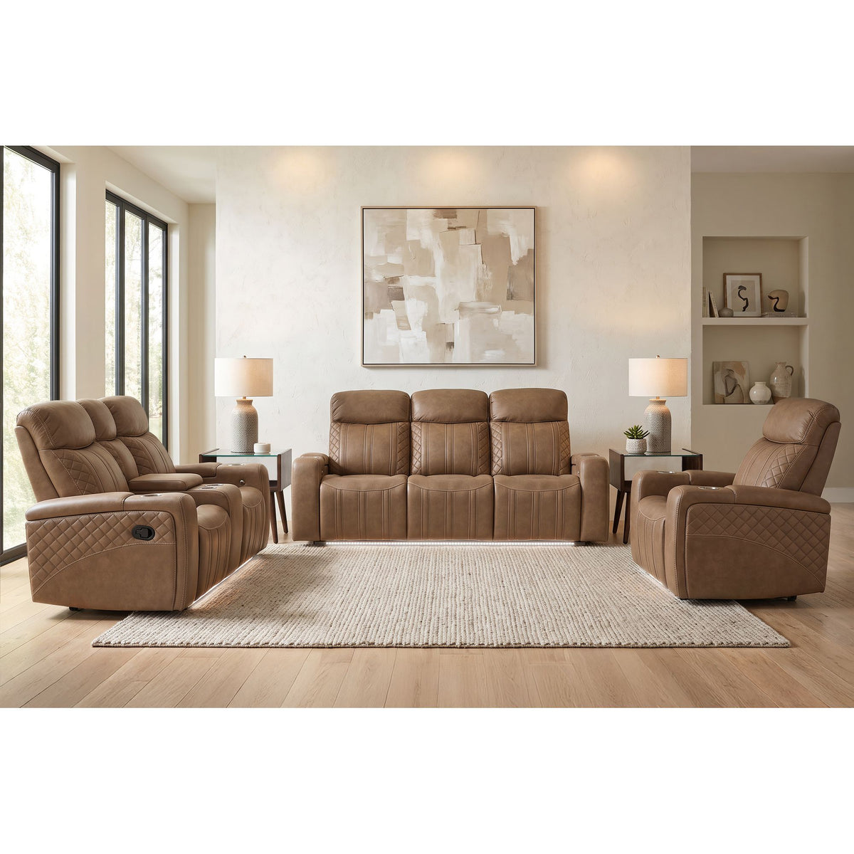Side Kick Sofa with DDT, Wireless Charger, Cupholders and White LED Light in Simba Saddle