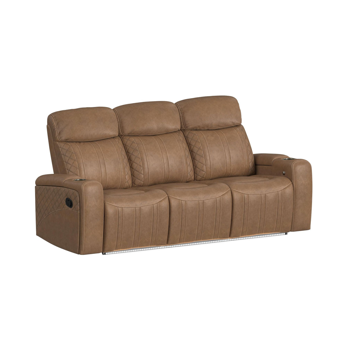 Side Kick Sofa with DDT, Wireless Charger, Cupholders and White LED Light in Simba Saddle
