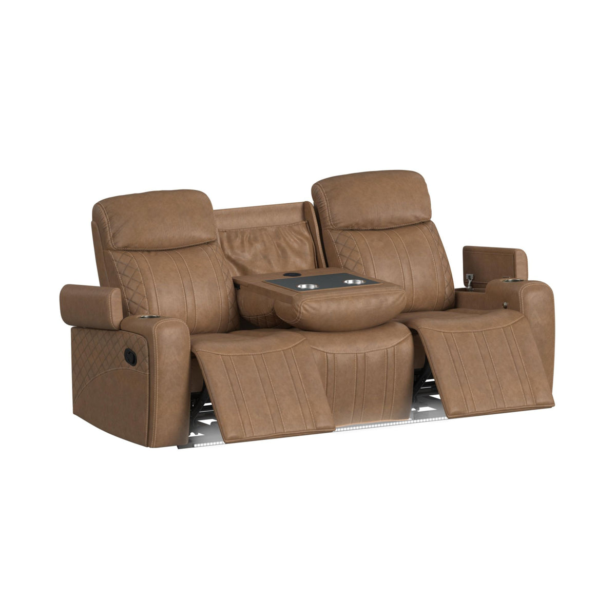 Side Kick Sofa with DDT, Wireless Charger, Cupholders and White LED Light in Simba Saddle