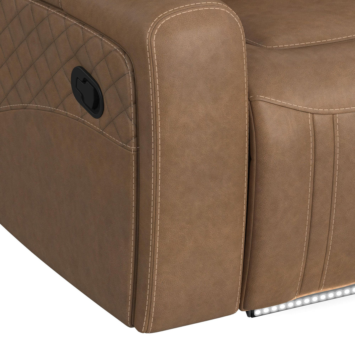 Side Kick Sofa with DDT, Wireless Charger, Cupholders and White LED Light in Simba Saddle