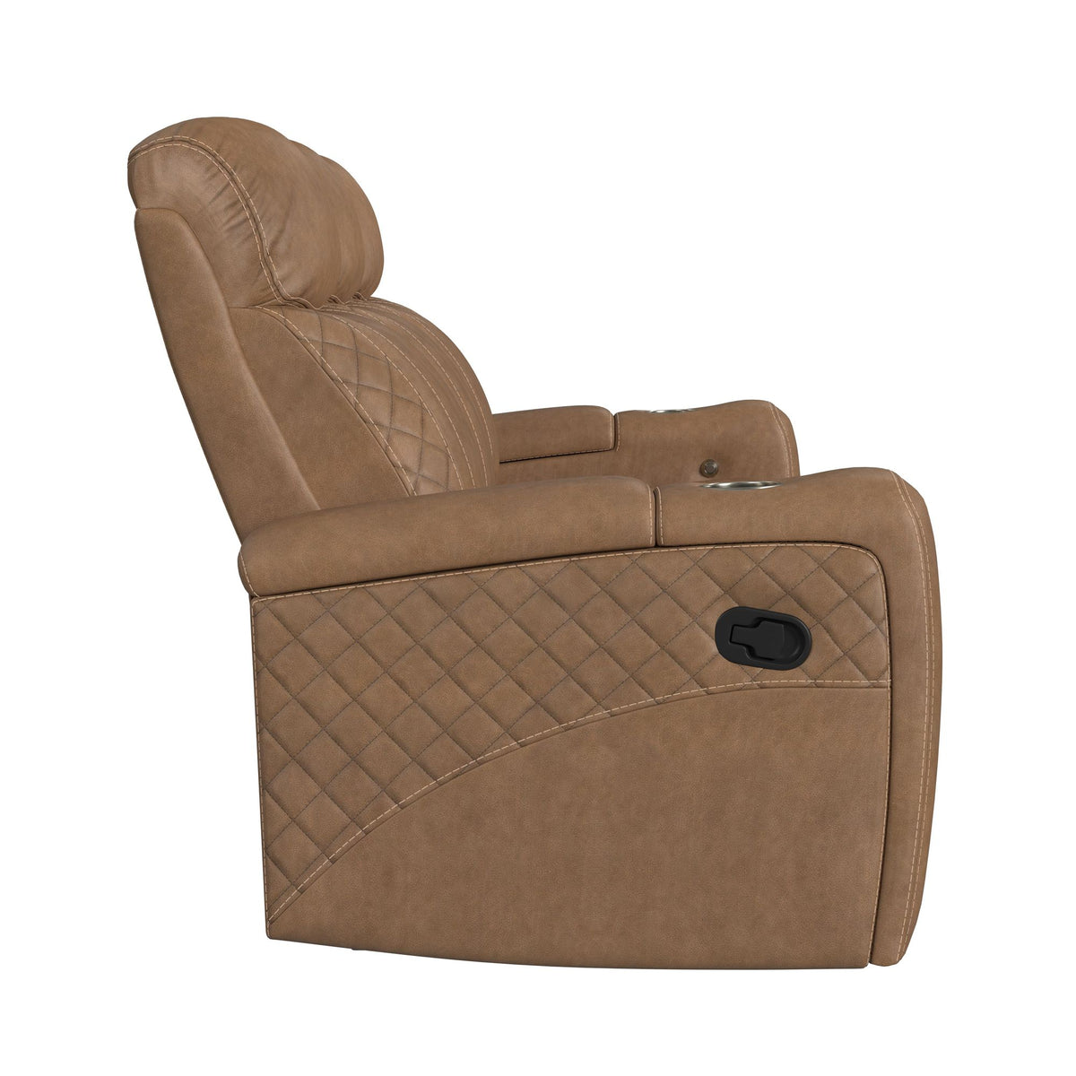 Side Kick Sofa with DDT, Wireless Charger, Cupholders and White LED Light in Simba Saddle