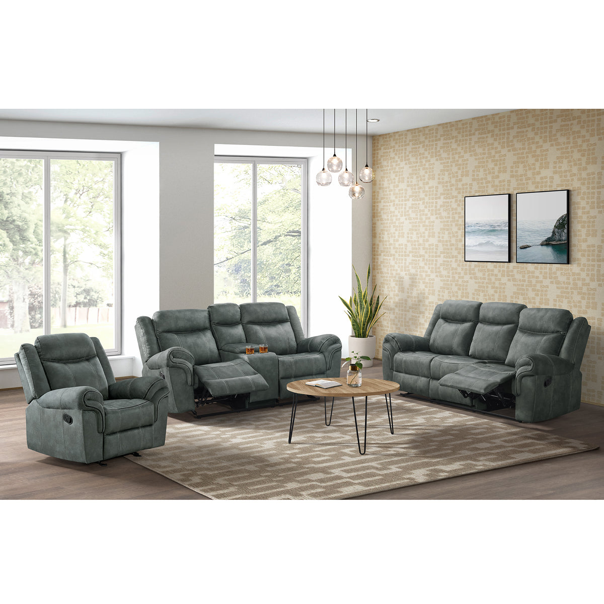 Sorrento 3Pc Living Room Set In Fb367 Charcoal-Sofa, Loveseat & Recliner