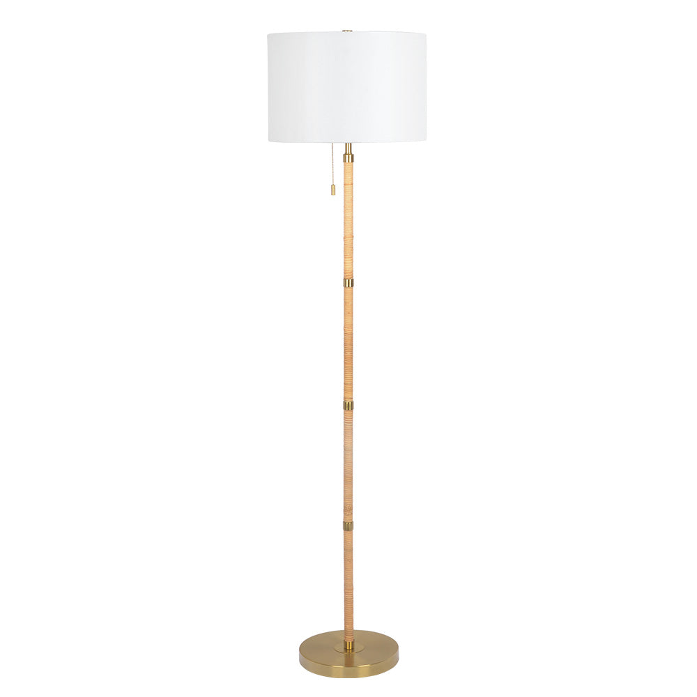 Stellar Wood Rattan Tube - Gold Brass Metal and White Linen Shade Floor Lamp