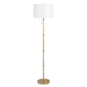 Stellar Wood Rattan Tube - Gold Brass Metal and White Linen Shade Floor Lamp