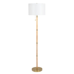 Stellar Wood Rattan Tube - Gold Brass Metal and White Linen Shade Floor Lamp