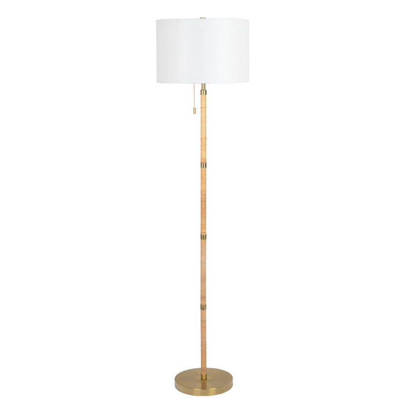 Stellar Wood Rattan Tube - Gold Brass Metal and White Linen Shade Floor Lamp