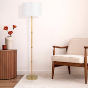 Stellar Wood Rattan Tube - Gold Brass Metal and White Linen Shade Floor Lamp