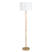 Stellar Wood Rattan Tube - Gold Brass Metal and White Linen Shade Floor Lamp