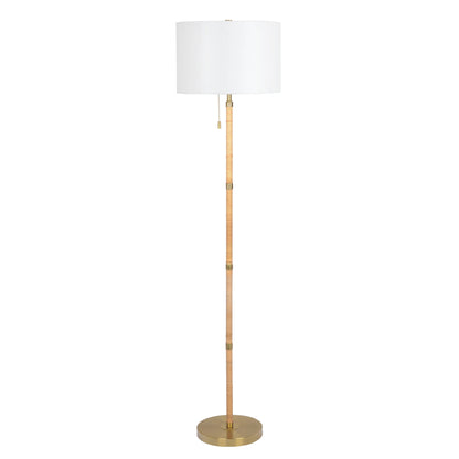 Stellar Wood Rattan Tube - Gold Brass Metal and White Linen Shade Floor Lamp