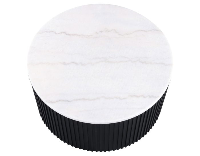 Mesa de centro Colvin redonda de 91 cm con ruedas y cubierta de mármol blanco, acabado negro 
