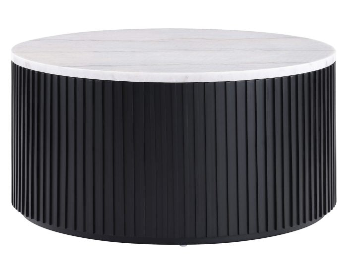 Colvin 36‚Ä≥ Round Castered White Marble Top Coffee Table, Black Finish