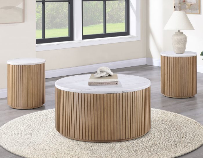 Mesa de centro Colvin redonda de 91 cm con ruedas y cubierta de mármol blanco, acabado caramelo 