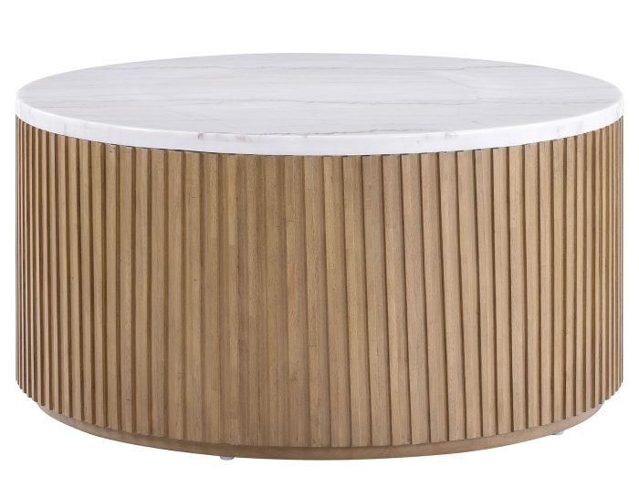 Colvin 36‚Ä≥ Round Castered White Marble Top Coffee Table, Toffee Finish