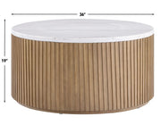 Colvin 36″ Round Castered White Marble Top Coffee Table, Toffee Finish
