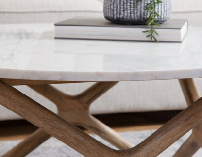 Mesa de cóctel redonda Wyman Banswara de 91 cm con cubierta de mármol blanco 