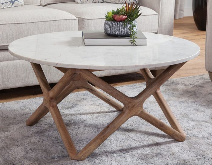 Mesa de cóctel redonda Wyman Banswara de 91 cm con cubierta de mármol blanco 