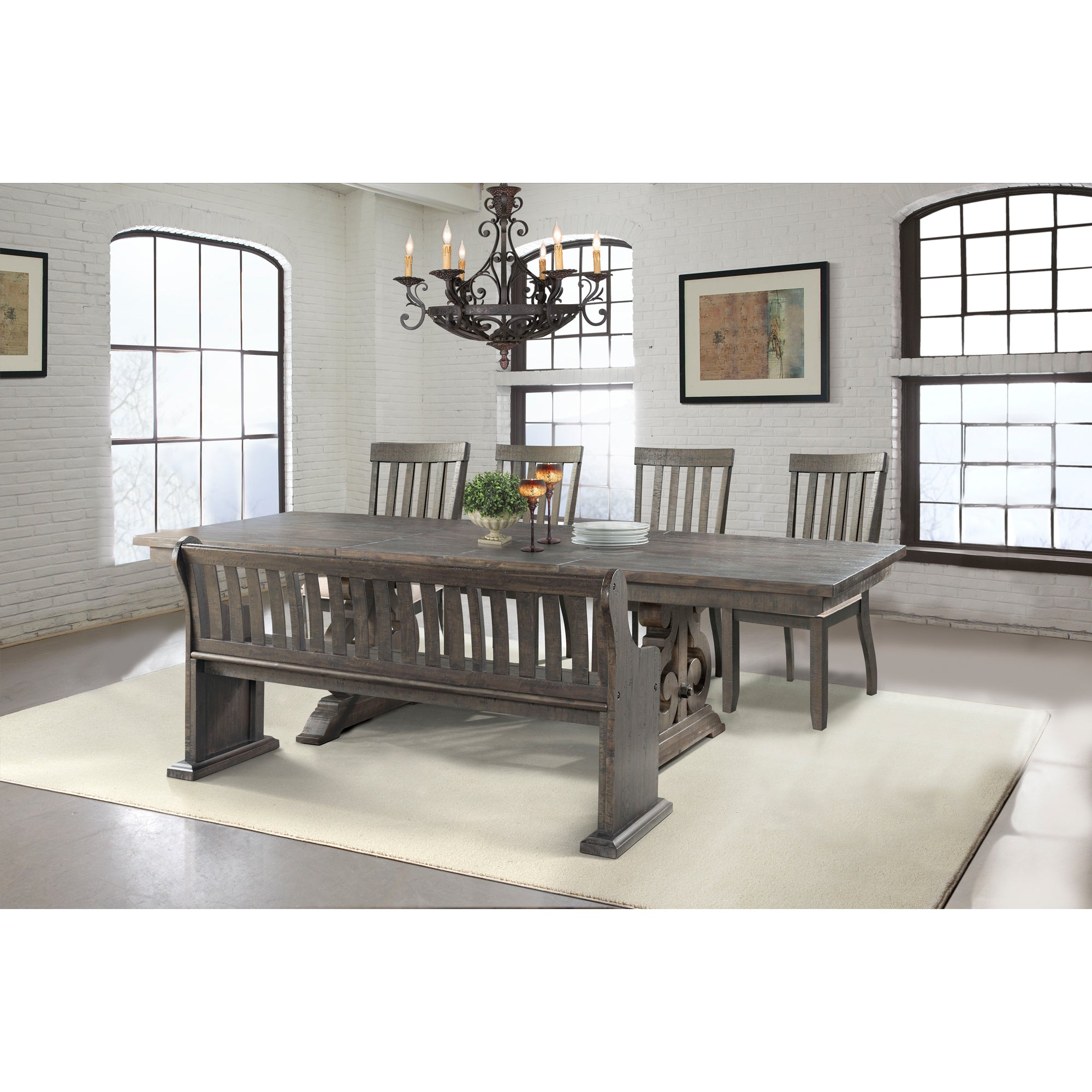 Stone Dining 6PC Set- Table, 4 Side Chairs, & Pew Bench
