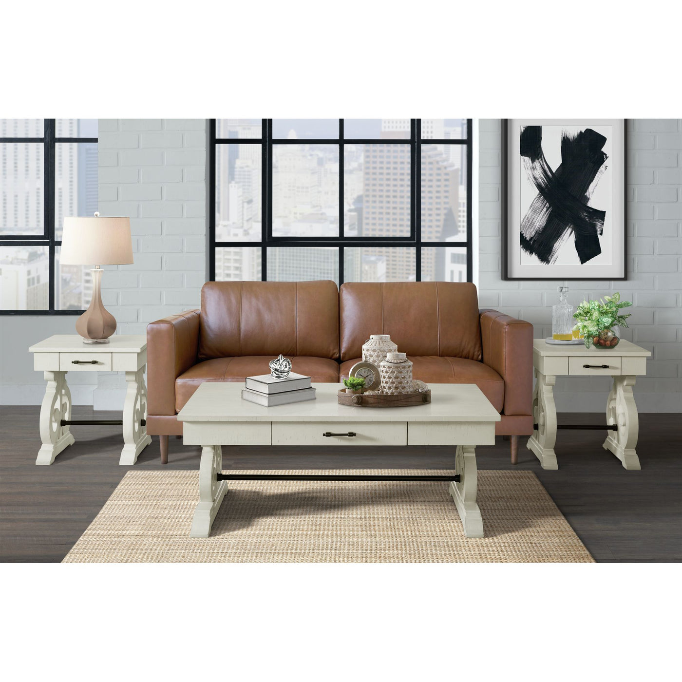 Stone Occasional Square Side Table With Pu Base in White