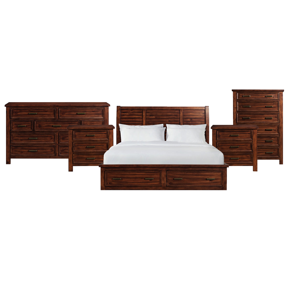 Sullivan King Storage 5PC Bedroom Set with 2 Nightstands, Dresser & Chest in Rich Cherry