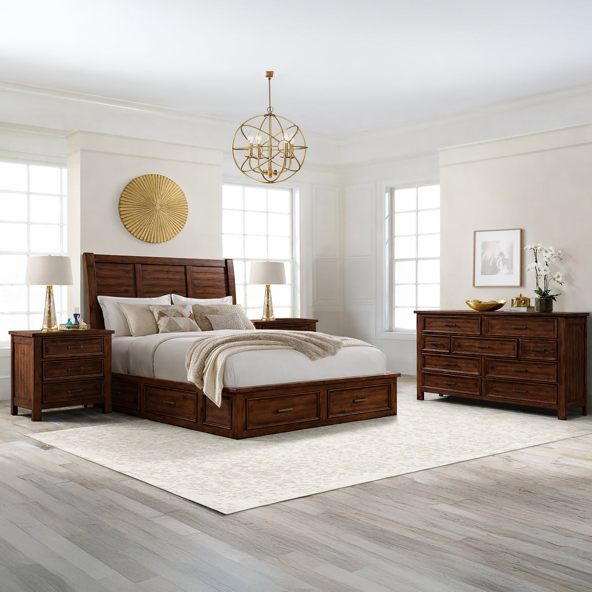 Sullivan King Storage 4PC Bedroom Set with 2 Nightstands & Dresser in Rich Cherry