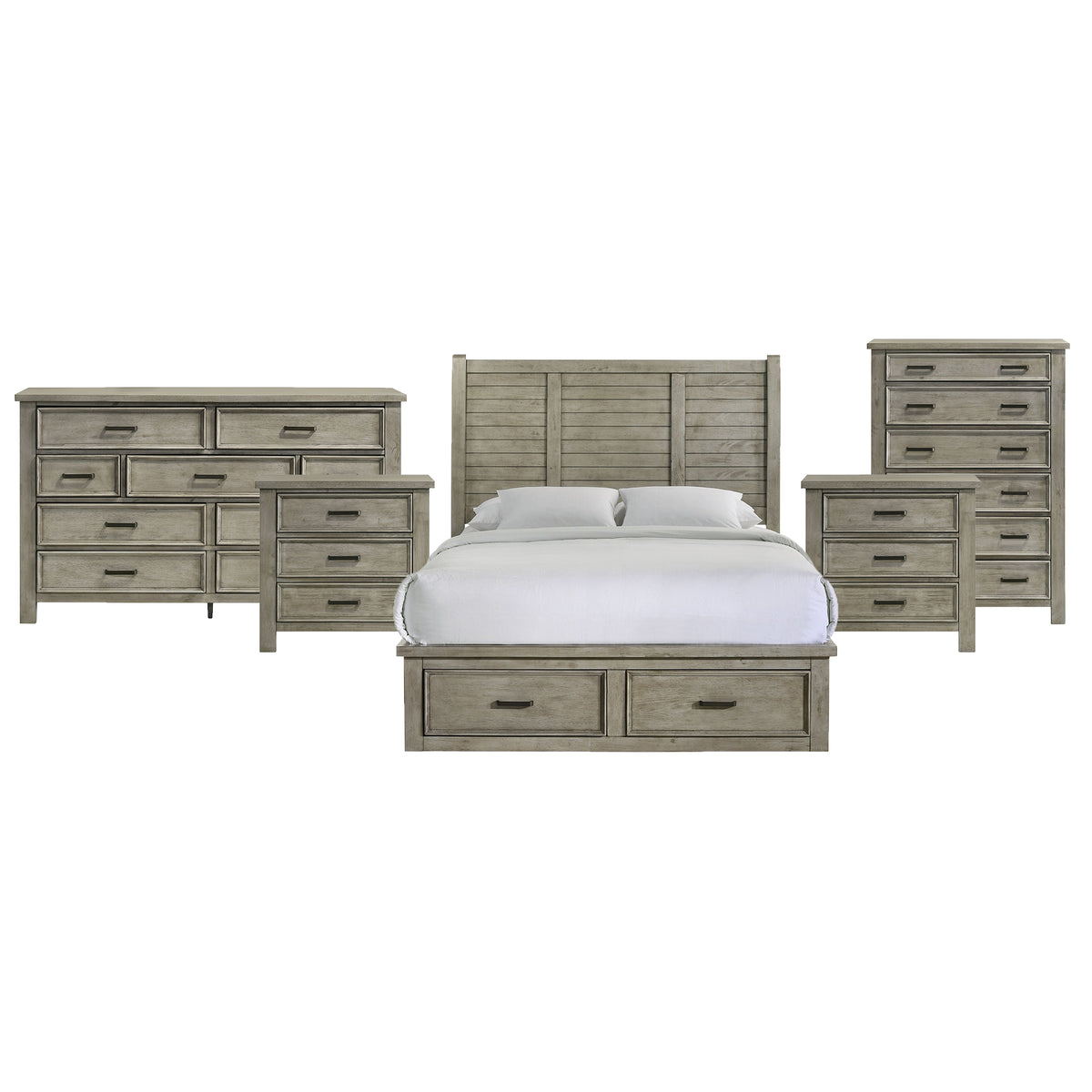 Sullivan Queen Storage 5PC Bedroom Set with 2 Nightstands, Dresser & Chest in Drift Grey