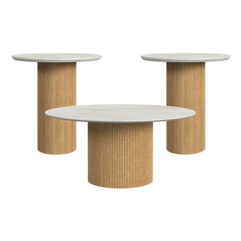 Sylvie 3PC Occasional Table Set with White Faux Marble Top and Base in Natural-Coffee Table & Two End Tables