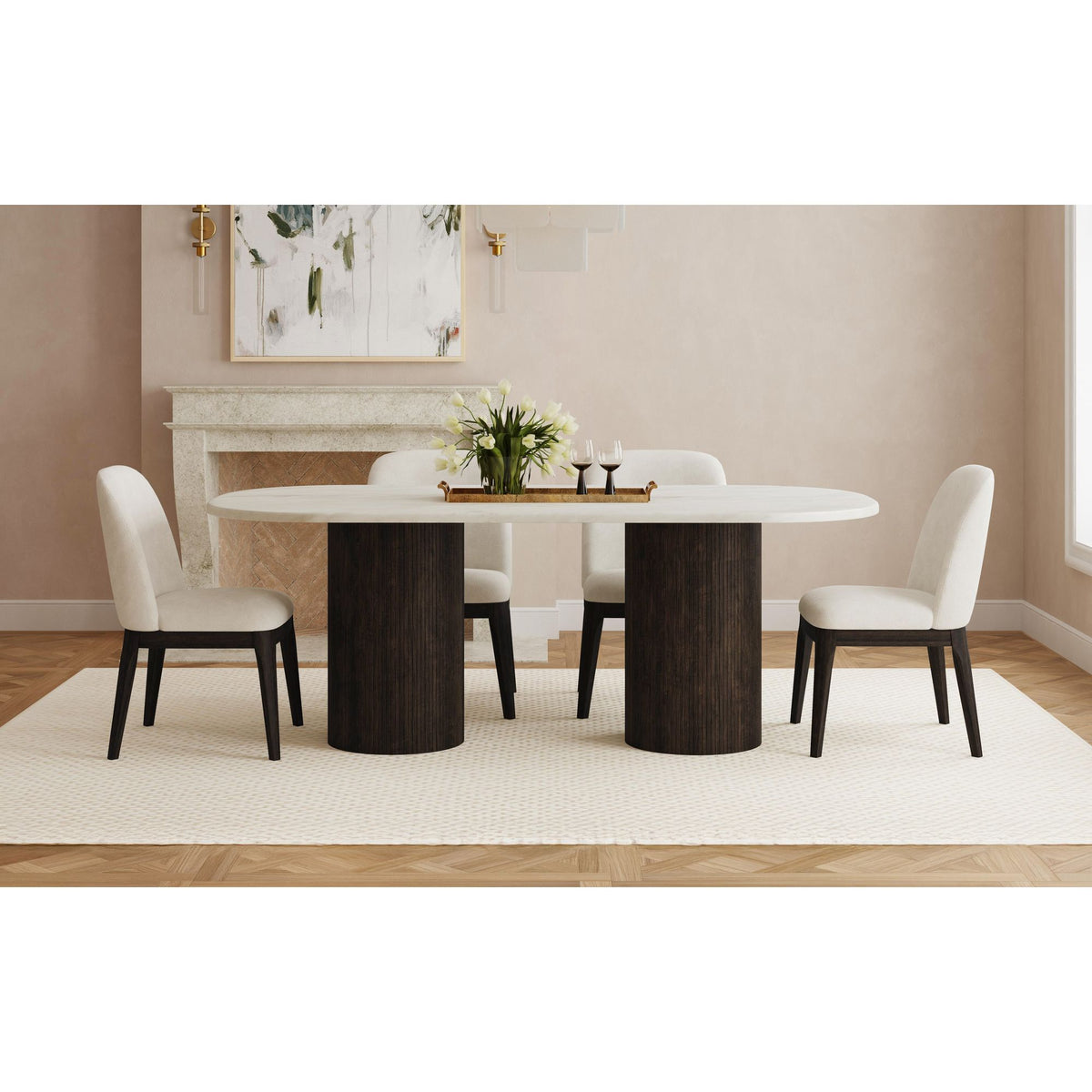 Sylvie Oval Dining Table with White Faux Marble Top in Dark Brown