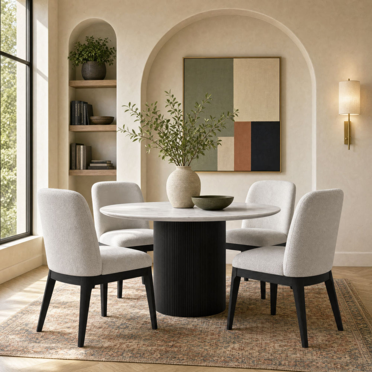 Sylvie Dining Side Chair with White Fabric in Black with Grain (Set of 2)