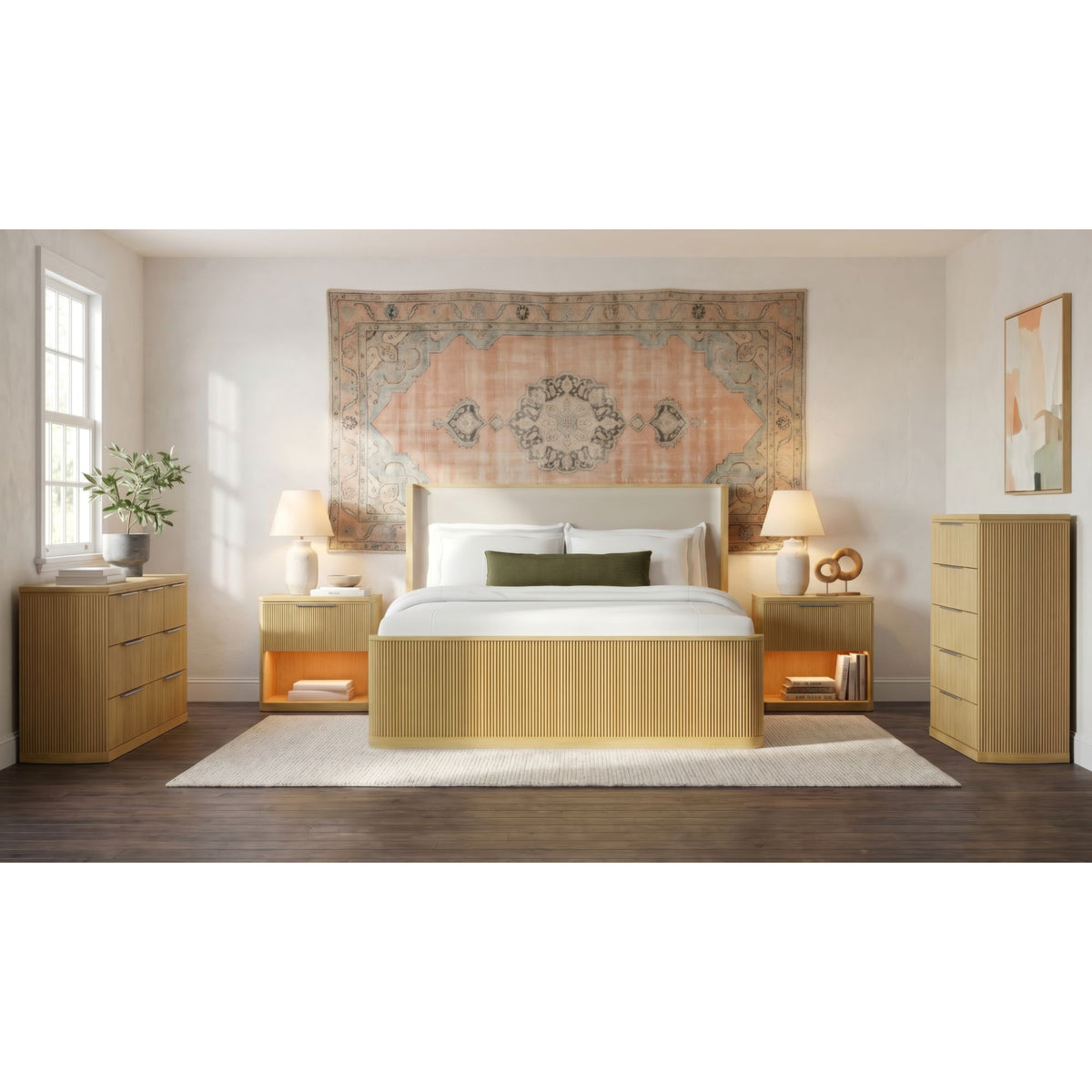 Sylvie King UPH 5PC Bedroom Set with 2 Nightstands, Dresser & Chest in Natural