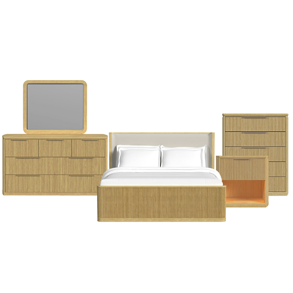Sylvie King UPH 5PC Bedroom Set with White Fabric in Natural