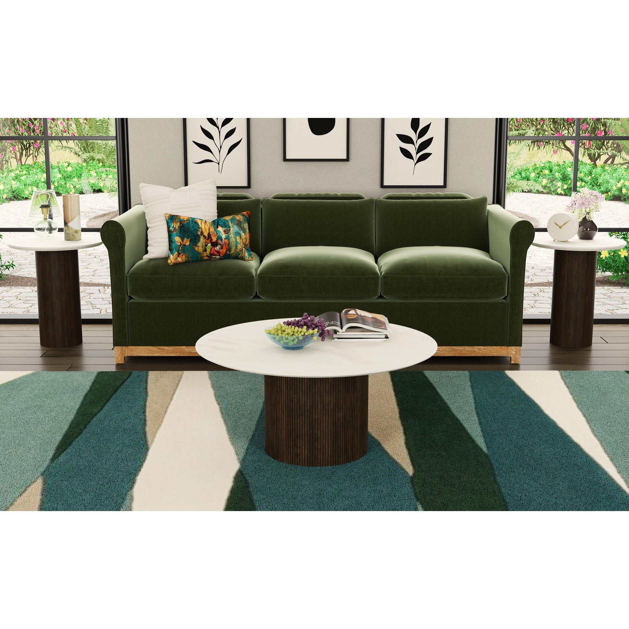 Sylvie Round Coffee Table with White Faux Marble Top and Base in Dark Brown