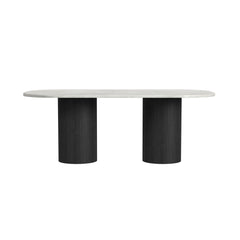 Sylvie Oval Dining Table with White Faux Marble Top in Black with Grain