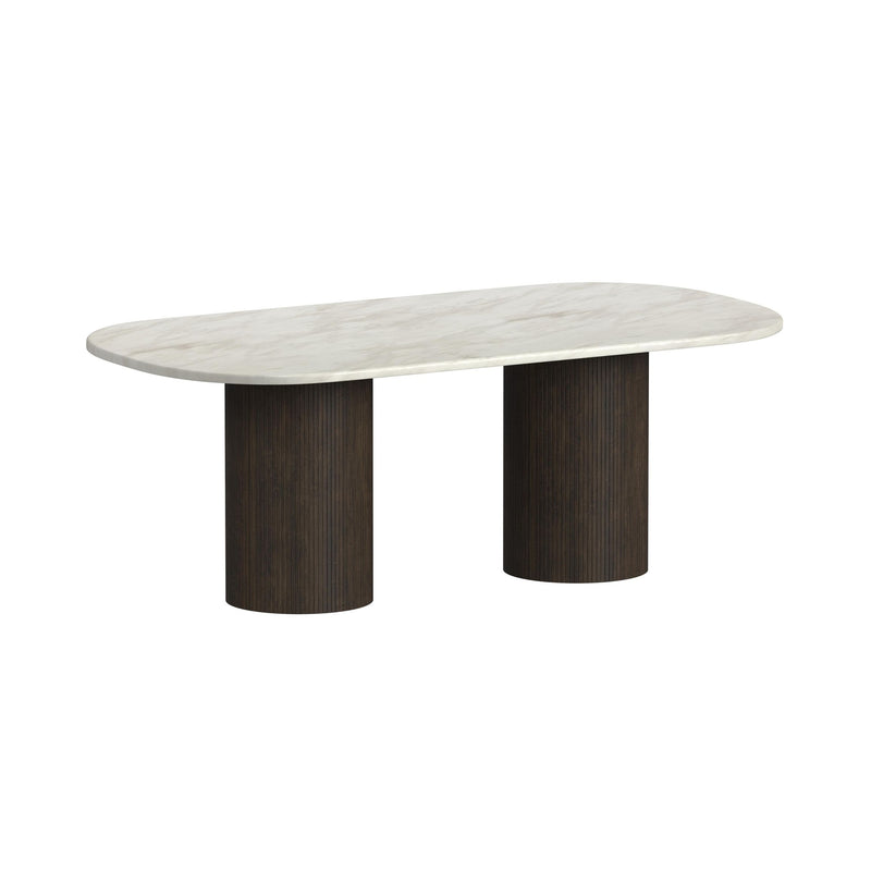 Sylvie Oval Dining Table with White Faux Marble Top in Dark Brown