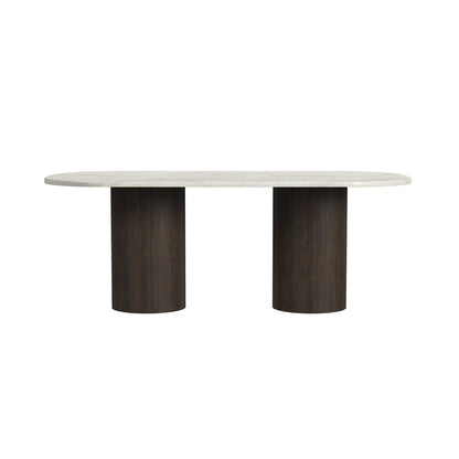 Sylvie Oval Dining Table with White Faux Marble Top in Dark Brown