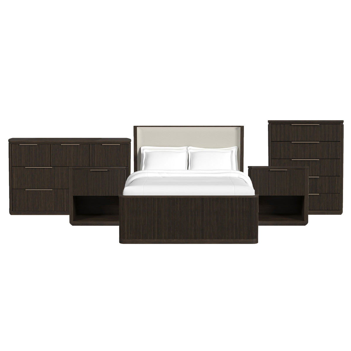 Sylvie Queen UPH 5PC Bedroom Set with 2 Nightstands, Dresser & Chest in Dark Brown