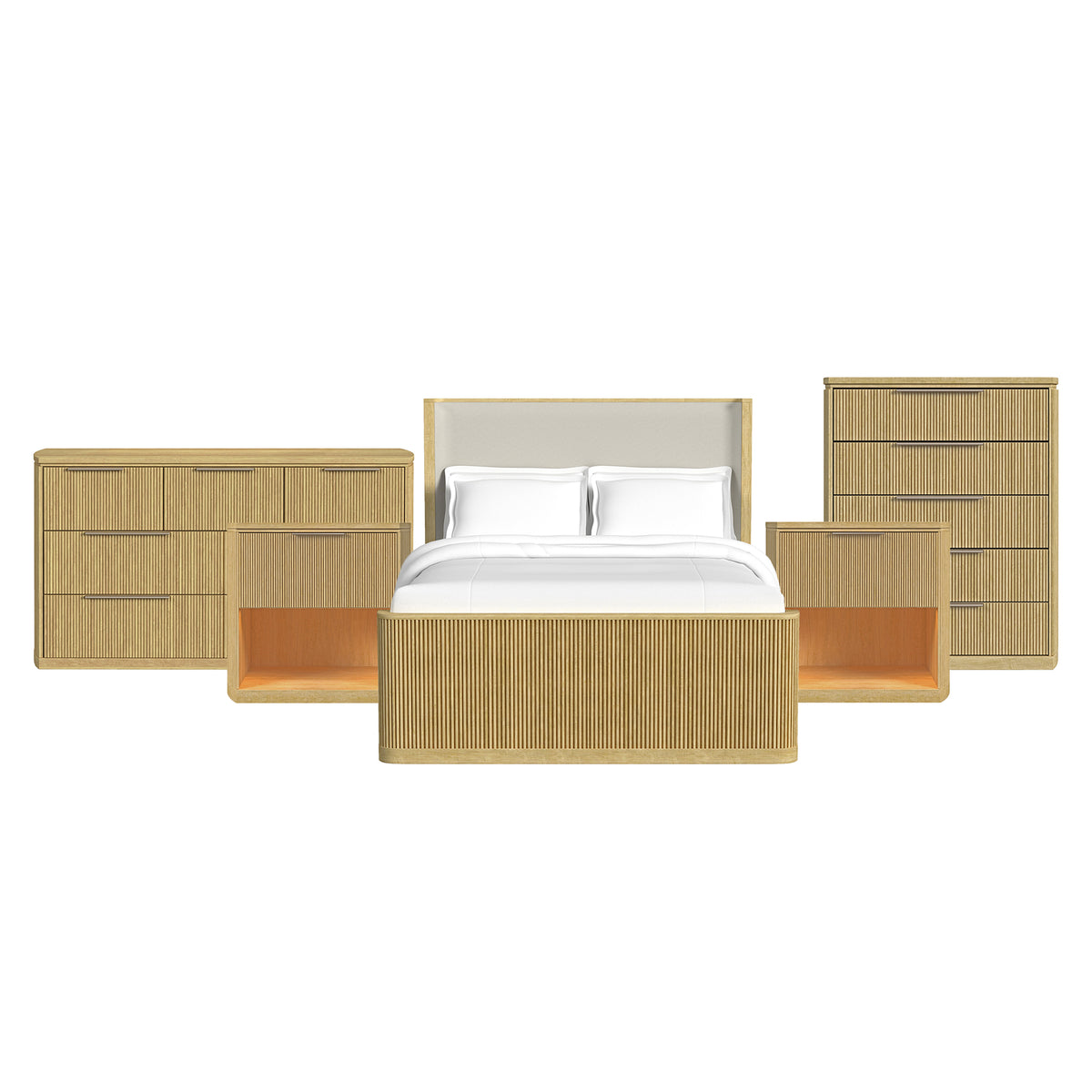 Sylvie Queen UPH 5PC Bedroom Set with 2 Nightstands, Dresser & Chest in Natural